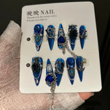 Qfdian  Deep Sea Punk Press-on Nails Set,ABS Resin Base with Alloy Chains/Gem/Pearl Decor,Multi-Size for Music Festivals/Gothic Outfits/