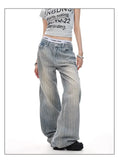 Qfdian  Vintage American Flag Striped Distressed Denim Jeans Loose Fit High Street Micro Flare Trousers for Men Women Casual Style