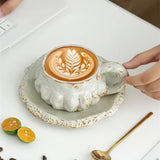 Qfdian  Retro Coarse Pottery Coffee Cup Pumpkin Shaped Coffee Cups Spoon with Lid Mugs Household Relief Cup and Disc Set Christmas Gifts