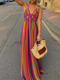 Qfdian  Fashion Hollow Backless Bohemian Dresses Sexy Ladies V-Neck Sleeveless High Waist Long Dress Summer Beach Colorful Stripe
