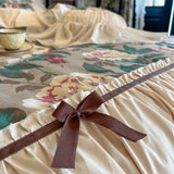Qfdian Vintage French Flower Prints Ruffles Bow Princess Romantic Bedding Set 100% Cotton Duvet Cover Bed Skirt Bedspread Pillowcases