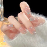 Qfdian 24Pcs Nude Pink Nail Tips Short Round Head False Nails with Design Wearable Finished Fake Nails Full Cover Press on Nails