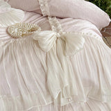 Qfdian  4Pcs Pink Ruffle Bow Lace Princess Wedding Bedding Set Lyocell Cotton Jacquard Duvet Cover Silky Soft Bed Linens Queen King Size