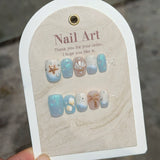 Qfdian  10pcs Set Vintage Fake Nails Exotic Bohemian Press on Nails Star Moon Flower Shell False Nails Blue Nail Art Short Square Nail