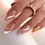 Qfdian 24Pcs Short Round Head False Nails Glitter Pink Almond Fake Nails Strawberry Full Cover Press on Nails Wearable Nail Tips