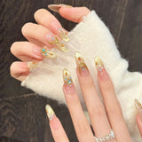 Qfdian  10pcs Handmade Luxury Press On Nails With Glitter Rhinestones Decor French Fake Nails Pink Gold Gradient Glitter False Nail Art