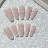 Qfdian Handmade French Irregular Pink Design False Nails Long Ballet Press on Nails Wearable Coffin Fake Nails Finger Nail