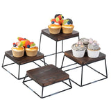 Qfdian  Set of 4 Wood Buffet Risers, Square Retail Food Display Risers for Party, Burnt Wood & Black Metal Wire Pizza Stands for Serving