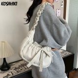 Qfdian Women Ins Casual Sweet Kawaii Bow Handbags Pleated Y2k Aesthetic Vintage Underarm Bag Fashion All Match Shoulder Crossbody Bags