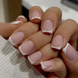 Qfdian 24Pcs Nude White French Fake Nail Short Square Nail Tips Fashion Wearable False Nails with Glue Simple Full Cover Press on Nails
