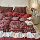 Qfdian  Plaid Bedding Set Vintage Lace Ruffles Duvet Cover Set Flat Sheets Set 2 Pillowcases Single Twin Full Queen Size Bed Set 3/4Pcs