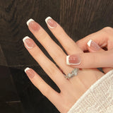 Qfdian  10Pcs Sweet Heart Nail Glitter Diamond Fake Nails Cute French Short Square Press on Nails Cat Eye Pearl Fake Nails Nude Natural