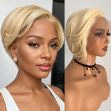 Qfdian 613 Blonde Pixie Cut Wig Straight Short Bob Synthetic Lace Front Wig Glueless Colored Hair Frontal Lace Wigs for Women Daily