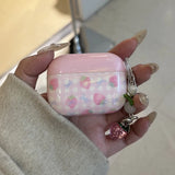 Qfdian Sweet Pink Strawberry Grid  Pattern Cute Transparent Fruit Pendant Earphone Protection Case For AirPods 1 2 3 4 Pro 2 Soft Cover