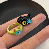 Cute Green Monster Ring For Women Fashion Sweet Two Color Cat Eyes Open Couple Ring Wedding Finger Accessories New Jewelry