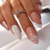 Qfdian 24Pcs Short Round Head False Nails Glitter Pink Almond Fake Nails Strawberry Full Cover Press on Nails Wearable Nail Tips
