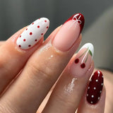 Qfdian  24pcs Mid-length Almond Fake Nail Art Wine Red French Nails Tips Bow Polka Dot Design False Nail Set Sweet Cherry Press on Nails