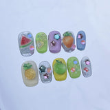 Qfdian  10pcs 3D Fresh Fruit Stick on Nails Cute Cartoon Press on Nails Stickers Summer Sweet Short Square Wearable Handmade Fake Nails
