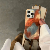 Qfdian Retro Glacier Texture Blue Orange Smudging Color Contrast Shiny Surface Dazzling Cover Case for iPhone 13 14 15 16 17 Pro Max