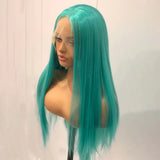 Qfdian Long Silky Straight Wig Synthetic Lace Front Wig Green Colored Lake Blue Hair Natural 13X4 Frontal Wigs for Women Party Cosplay