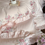Qfdian Rose Flowers Embroidery Lace Ruffles Luxury Bedding Set 1000TC Egyptian Cotton Duvet Cover Set Flat/Fitted Bed Sheet Pillowcases