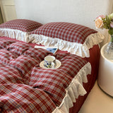 Qfdian  Plaid Bedding Set Vintage Lace Ruffles Duvet Cover Set Flat Sheets Set 2 Pillowcases Single Twin Full Queen Size Bed Set 3/4Pcs