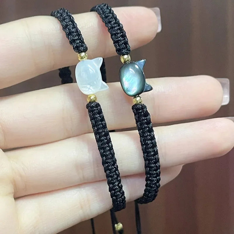 New Cute Black and White Cat Bracelet for Lover Couple Adjustable Black Rope Braided Animal Bracelets for Women Men Jewelry Gift