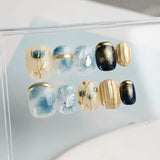 Qfdian 10pcs Blue Pink Handmade Press on Nails with Flower Short Ballerina Fake Nails Reusable Manicure Artistic Full Cover Finger Tips