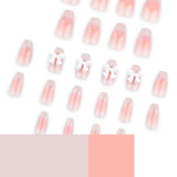 Qfdian  24pcs Sweet Blush Cat's Eye False Nails Glossy Pink 3D Transparent Bowknots Decor Press On Nails French Style Simple Fake Nail