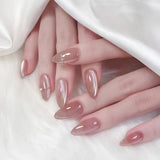 Qfdian 24pcs Simple Almond False Nails Sets Blush Design Press on Nails Art Datachable Short Oval Fake Nail with Jelly Glue Manicure