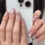 Qfdian  24pcs Glossy Red Cat's Eye Press On Nails Full Cover Nude Color Wearable Almond False Nails Charms Detachable Fake Nail For Girl