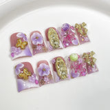 Qfdian  10pcs Ocean Style Fake Nails Duck Bill Press on Nails Set Handmade 3D Flowers Pearl Nail Art Gradient Blush French False Nails