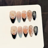 Qfdian  10Pcs INS Almond Shaped Handmade Fake Nails With 3D Floral Decor Gradient Cat-eye Press on Nails Fashion False Nail Patches