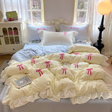 Qfdian  Korean Style Bedding Sets Pink Grid Bow Quilt Cover Romantic Bed Sheet Sets Woman Girls Bedroom Duvet Cover 4pcs