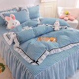 Qfdian Checkered Bedding Set Bed Skirt Ruffle Lace Princess Style Girls Duvet Cover Simple Solid Color Home Textiles Decor Bedroom
