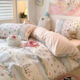 Qfdian Ins Korean Pastoral Flower Bedding Set Purple Bed Flat Sheet Pillowcase Twin Full Queen Size Bed Linen Women Girls Duvet Cover