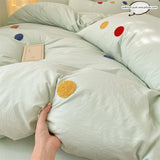 Qfdian  3pcs yellow green Duvet Cover Set (1*Duvet Cover + 2*Pillowcase, Without Core),Dot embroidery Bedding Set, Soft Comfortable