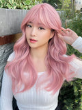 Qfdian 20Inch Peachy Pink Pretty Lolita Synthetic Wigs with Bang Medium Natural Wavy Hair for Women Daily Use Cosplay Heat Resistant