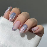 Qfdian  24pcs Aurora Pink Blue Fake Nail Tips 3D Seashells Pattern French Style Almond False Nails Women Girls Romantic Press On Nail