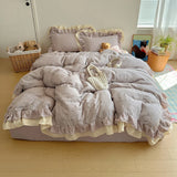 Qfdian  Korean Princess Style Bed Linen Set Bowknot Print Ruffles Duvet Cover Pillowcase Bedsheet Bedclothes Home Soft Bedding Set