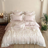 Qfdian  4Pcs Pink Ruffle Bow Lace Princess Wedding Bedding Set Lyocell Cotton Jacquard Duvet Cover Silky Soft Bed Linens Queen King Size