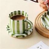 Qfdian  280ml/9.5oz afternoon tea coffee cup, Minimalist striped hand drawn cup and plate set, ceramic milk coffee cup, household drinki