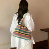 Contrast Color Rainbow Striped Women Top-Handle Bags Fashion Y2k Sweet Shoulder Underarm Bag Casual Shopping Purses and Handbags