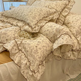 Qfdian 2/3Pc Korean Princess Style Floral Ruffles Bedding Set Single Queen Size Soft Skin-friendly Washed Cotton Duvet Cover Pillowcase