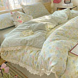 Qfdian  Floral Bedding Set Korean Style Duvet Cover Set Bed Linen Set Flat Sheets Set 2 Pillowcases Single Double Queen Size For Student