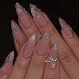 Qfdian  24Pcs Mid-length 3D Flowers Design Fingertips Sweet Butterfly Yellow Ripple Almond False Nails Detachable Full Cover Press Ons