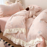 Qfdian  Korean Sweet Cherry Print Ruffles Bedding Sets oft Washed Cotton Duvet Cover Set Cute Princess Style Bedding for Girls Bedroom