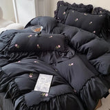 Qfdian  French Hepburn style 4-piece bed set, Korean princess lace washed cotton embroidery duvet set