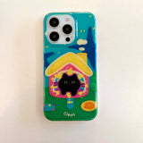Qfdian Cartoon black cat house magnetic stand holder cute shell for iphone 14promax 15pro 16 14 13 15 pro max 13pro 16pro  phone case