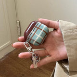 Qfdian Korea Fashion Brown Plaid Splicing Pattern Retro Neck Lanyard Shockproof Protection Case For AirPods 4 3 2 1 Pro 2 Earphone Case